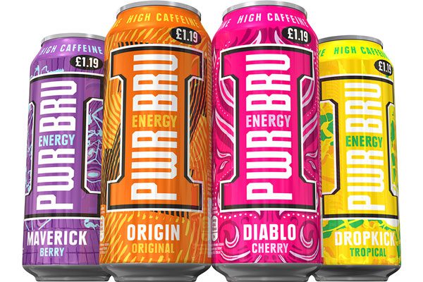 Barr Soft Drinks new PWR BRU range (from left to the right) Maverick Berry in a purple can; Origin Original in an orange can; Diablo Cherry in a pink can; and Dropkick Tropical in a yellow can.