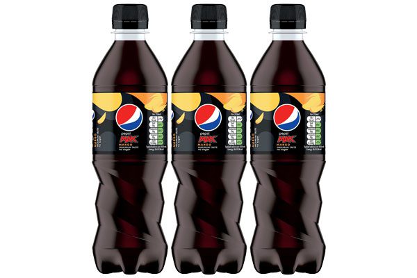 Three 500ml bottles of Pepsi Max Mango are lined up next to each other.