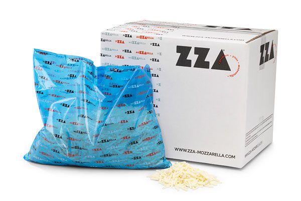 Box of ZZA mozzarella cheese for pizza topping alongside a blue bag with the ZZA branding on it and cheese inside.
