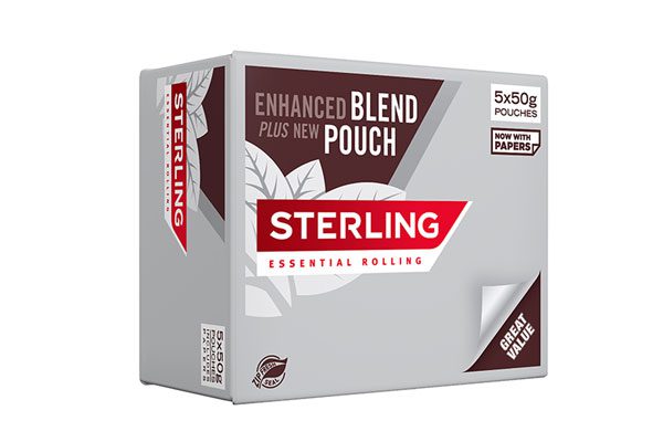 Packshout of Sterling Essential Rolling tobacco that comes with papers and ziplock bag.