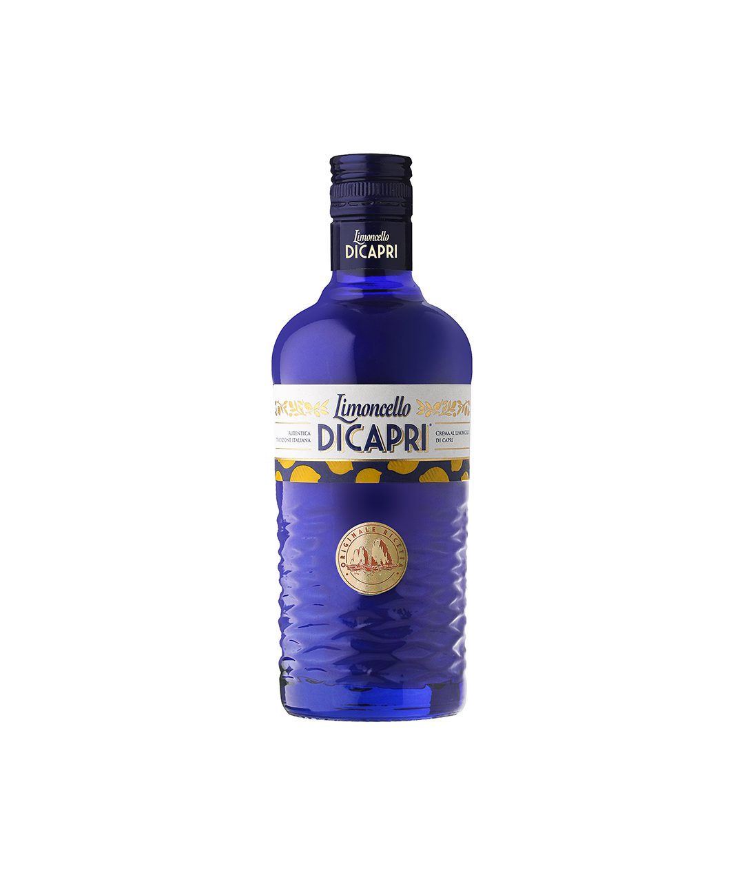 Blue 500ml glass bottle of Limoncello Di Capri Cream.
