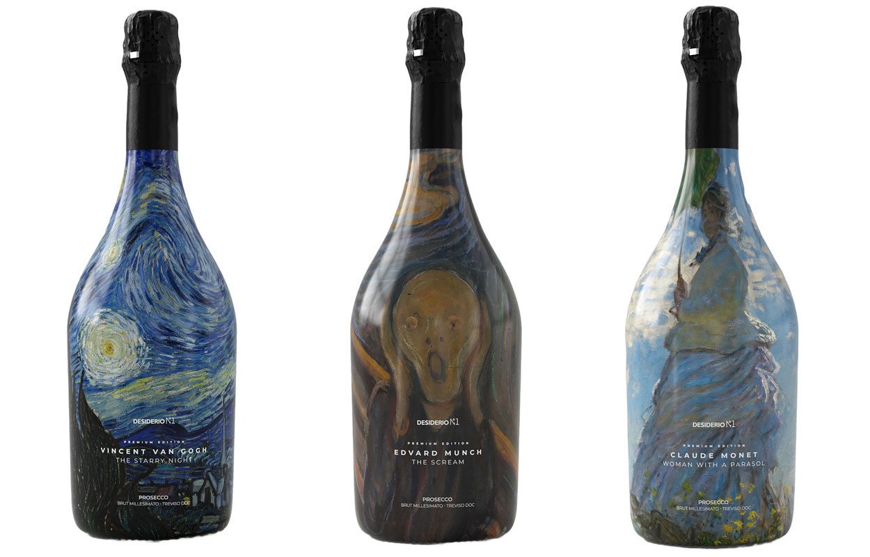 The Desiderio No.1 prosecco bottles featuring works by Van Gogh, Munch and Monet.