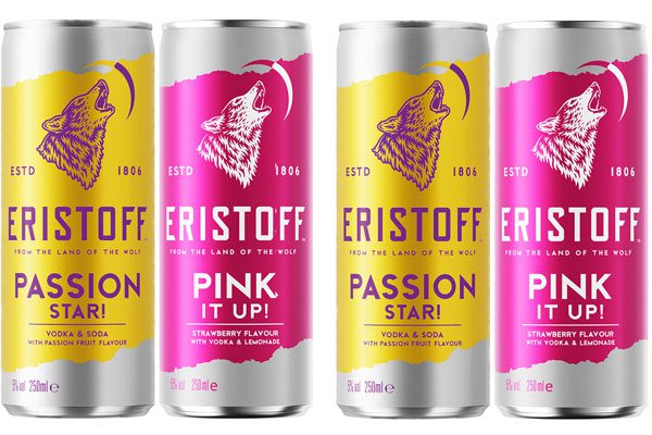 Pack shots of the new Eristoff Vodka ready to drink cans (from left to right) a yellow can of Eristoff Passion Star!, a pink can of Eristoff Pink It Up!, a yellow can of Eristoff Passion Star!, a pink can of Eristoff Pink It Up!.