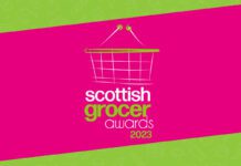 pink background with green scottish grocer logo