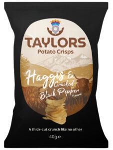 The Taylors Haggis & Cracked Black Pepper crisps in 40g impulse format.