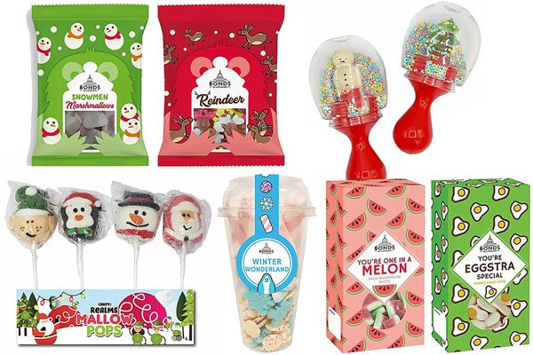 World of Sweets selection including pack shots of its range. (Top row, left to right) Bonds Snowmen Marshmallows, Bonds Reindeer, Hancocks Snow Globes. (Bottom row, left to right) Hancocks Candy Realms Mallow Pops, Bonds Winter Wonderland Candy Cup, Bonds Pun Boxes with You're One in a Melon and You're Eggstra Special.