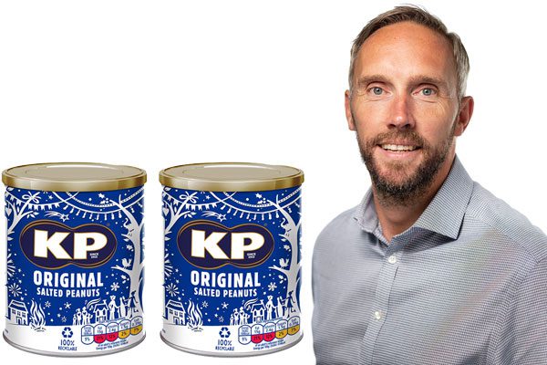 Two pack shots of the KP Nuts Original Salted Peanuts Christmas Caddies stand against a white background next to a headshot of Matt Collins, trading director at KP Snacks.