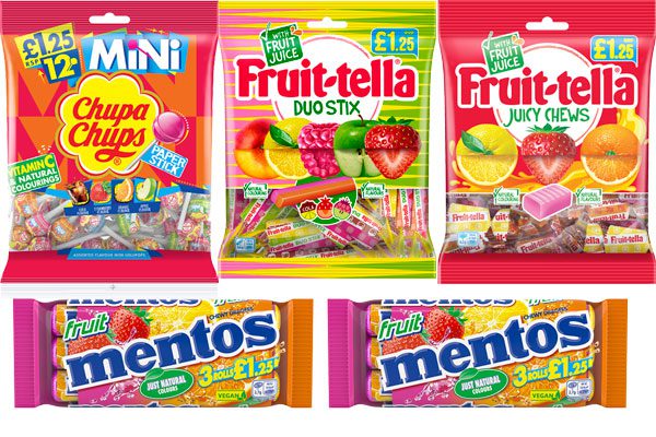 Price marked pack range of Perfetti Van Melle sweets. Top row from left to right: Mini Chupa Chups, Fruit-tella Duo Stix, Fruit-tella Juicy Chews. Bottom rom has two pack shots of Fruit Mentos.
