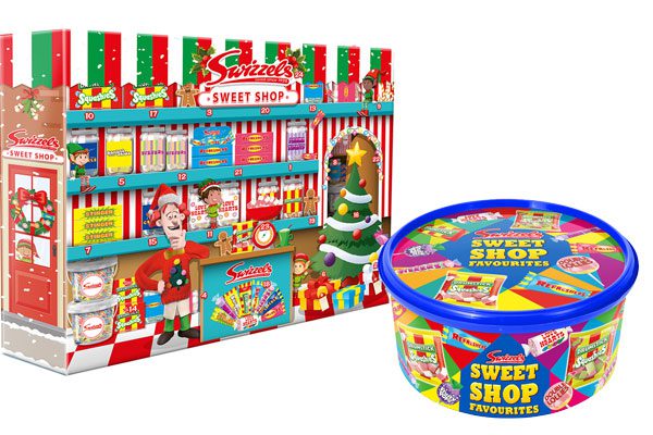 Pack shots of Swizzels Sweet Shop range including its Swizzels Sweet Shop Advent Calendar and the Swizzels Sweet Shop Favourites sharing tub.