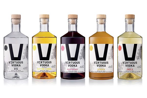 Packshots of the Virtuous Vodka range (from left to right) Virtuous Vodka Rye, Virtuous Vodka Bitter Lemon, Virtuous Vodka Raspberry, Virtuous Vodka Ginger and Virtuous Vodka Chili.