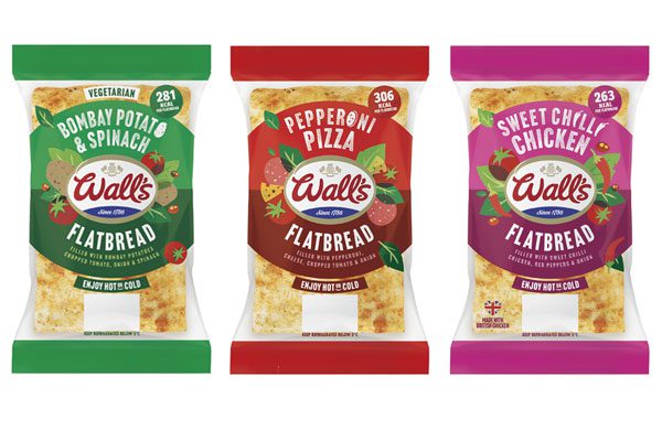 Pack shots of the new range of Wall's flatbreads (from left to right) Wall's Bombay Potato & Spinach Flatbread, Wall's Pepperoni Pizza Flatbread, Wall's Sweet Chilli Chicken Flatbread.
