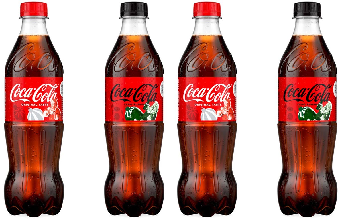 Coca-Cola has a festive Santa design across a variety of cans and bottles.