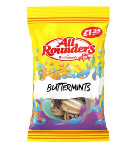 Pack shot of the new All Rounders by Buchanan's Buttermints with a £1.25 price-mark.