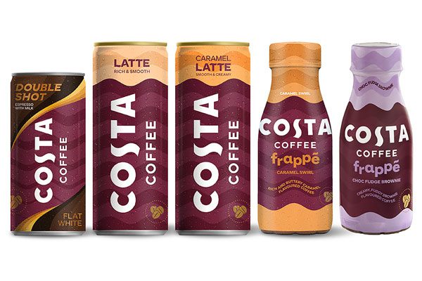 The Costa Coffee ready-to-drink range with pack shots including Double Shot Espresso Flat White, Latte, Caramel Latte, Caramel Swirl Frappe and Choc Fudge Brownie Frappe. 