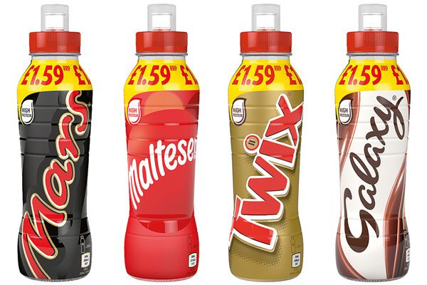 Pack shots of flavoured milk drinks (from left to right) Mars Milk, Maltesers Milk, Twix Milk and Galaxy Milk.
