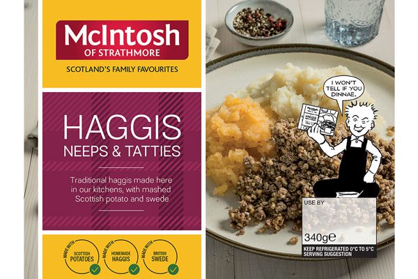 McIntosh of Strathmore Haggis, Neeps & Tatties pack shot featuring DC Thomson comic character Oor Wullie on the pack with a speech bubble that reads: "I won't tell if you dinnae."