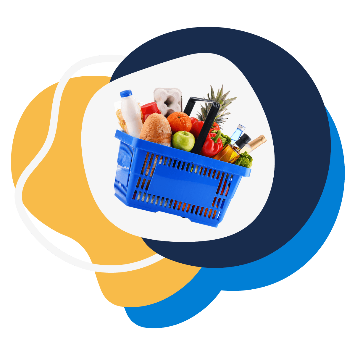 a blue shopping basket filled with food groceries