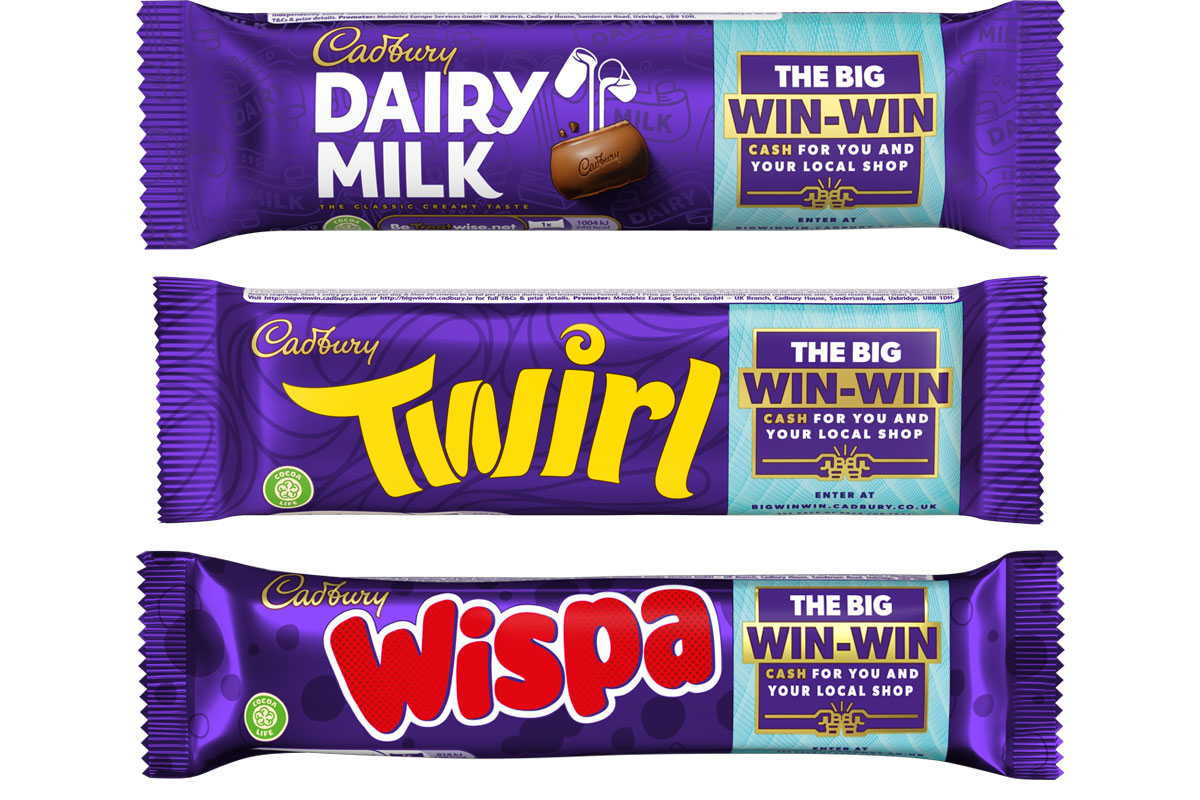 Pack shots of Cadbury chocolate bars featuring The Big Win-Win promotion on packs including Cadbury Dairy Milk, Cadbury Twirl and Cadbury Wispa.