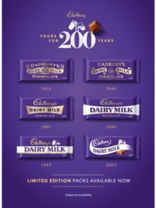 Poster showing Cadbury Dairy Milk chocolate bar designs across a 200 year period.