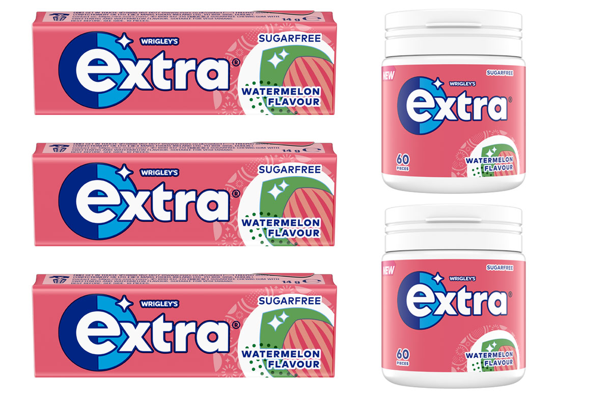 Pack shots of Extra Watermelon gum including three single pack shots as well as two bottle pack shots.