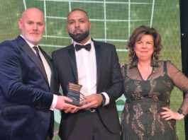 Awards Profile – Independent Retailer of the Year Shajaz Ali is congratulated by Booker Group retail development controller Barry Forbes and 2023 awards host Elaine C Smith.