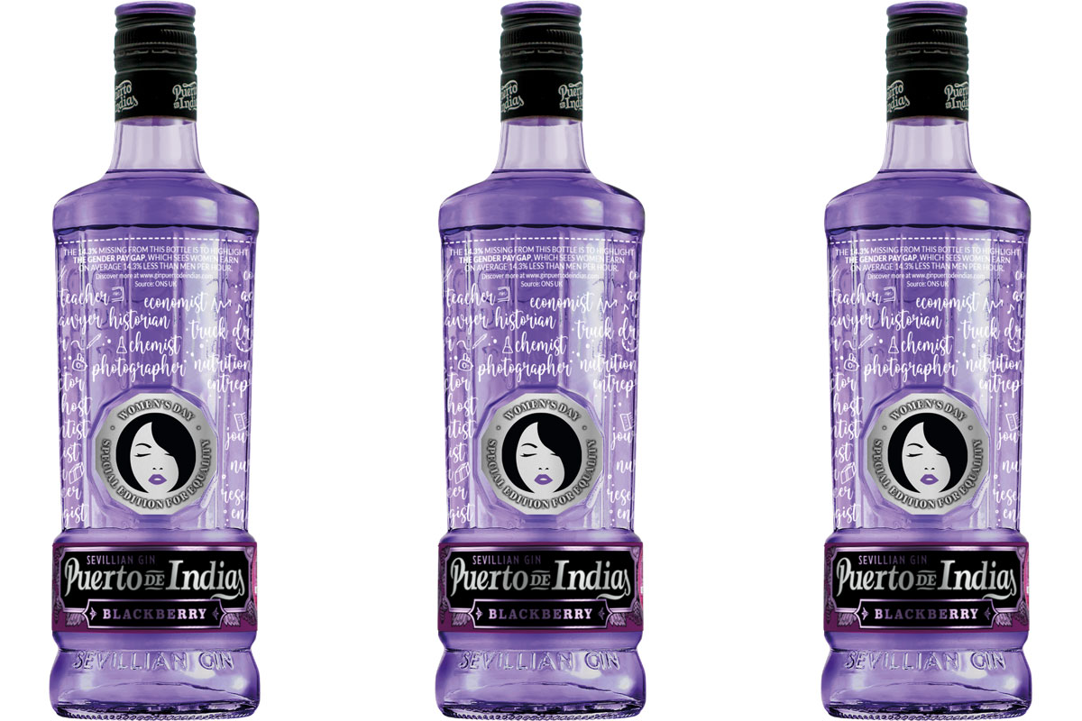 Pack shot of the Puerto De Indias International Women's Day special edition Blackberry Gin.
