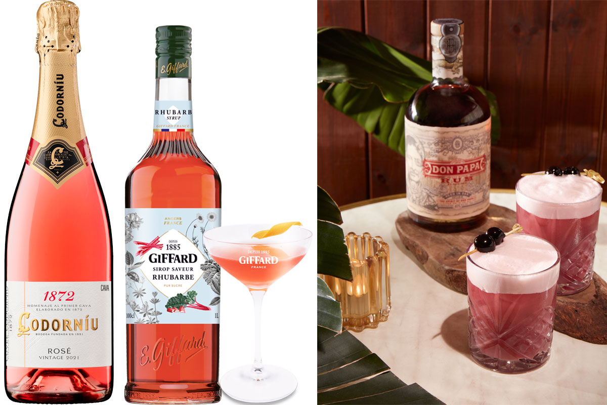 From left to right: Codorniu 1872 Rosé Cava Brut bottle, a Giffard Rhubarb Liqueur bottle stands next to a cocktail serve featuring the liqueur. A final lifestyle image for Don Papa Rum stands to the right, featuring a bottle of the rum set next to two Don Papa Raspberry Sour serves on a marble tabletop.