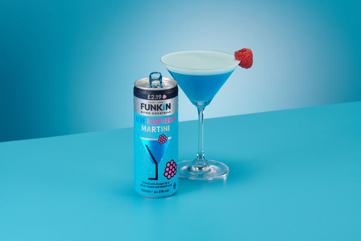 The new Funkin Cocktails Blue Raspberry Martini Nitro Can.
