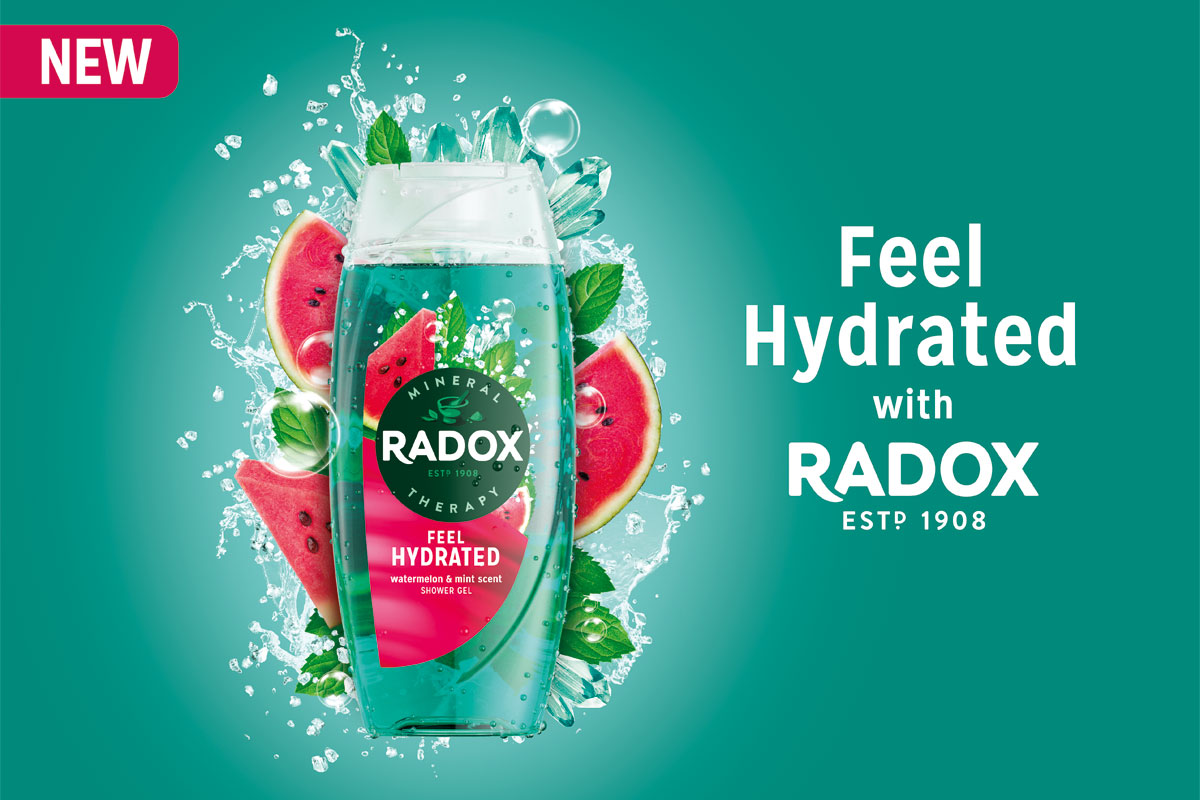 Radox Feel Hydrated Watermelon & Mint advert with a pack shot of the product against a teal background. The bottle is splashing on to water with images of watermelon slices and mint leaves. The text to the right reads: Feel Hydrated with Radox.