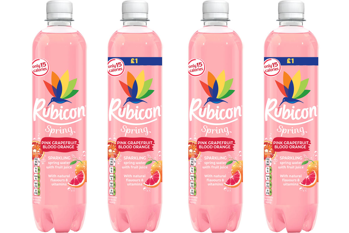 Pack shots of the new Rubicon Spring Sparkling Pink Grapefruit Blood Orange variant with plain packs and price-marked packs.
