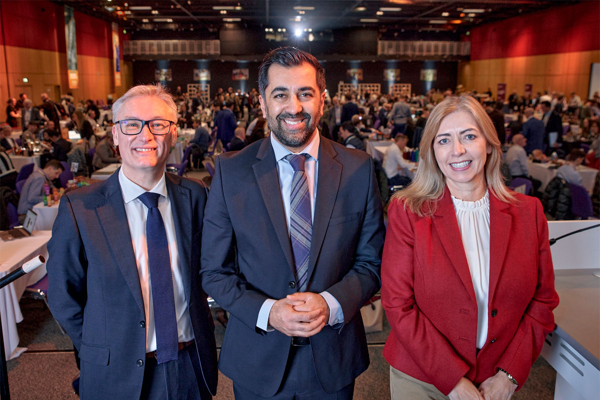From left to right: Iain Baxter, chief executive at Scotland Food & Drink, Humza Yousaf, first minister of Scotland, Stephanie Pritchard, head of supplier development.