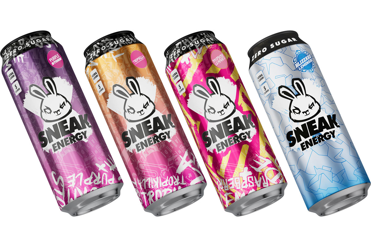 Sneak Energy can drinks including Sneak Energy Purple Storm, Sneak Energy Tropikilla, Sneak Energy Raspberry Lemonade and Sneak Energy Blizzard Lemonade.