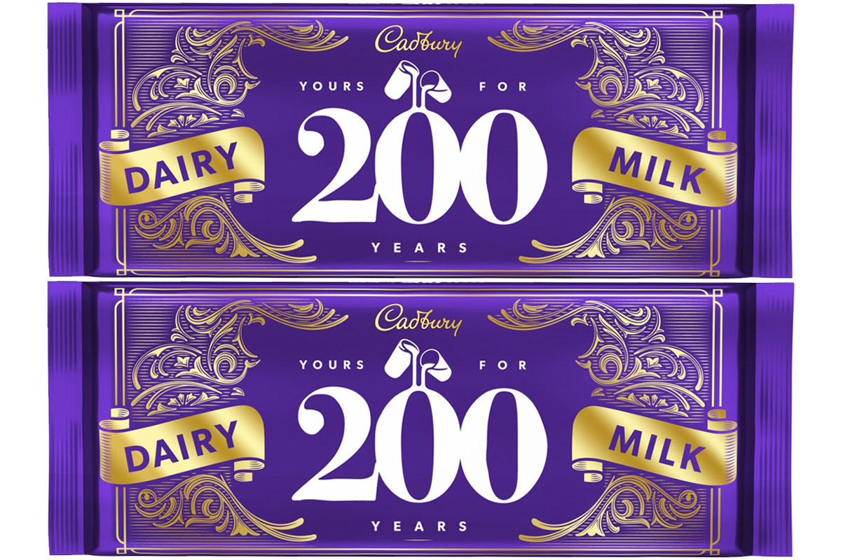 Pack shots of the new limited edition 360g Cadbury Dairy Milk chocolate bar for the brand's 200th anniversary.