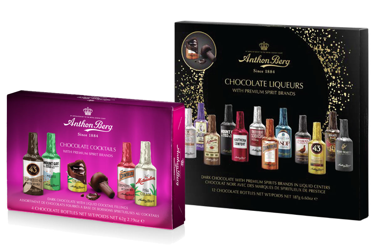 Pack shots of Anthon Berg chocolate liqueurs including its Chocolate Cocktails (left) and Chocolate Liqueurs (right).