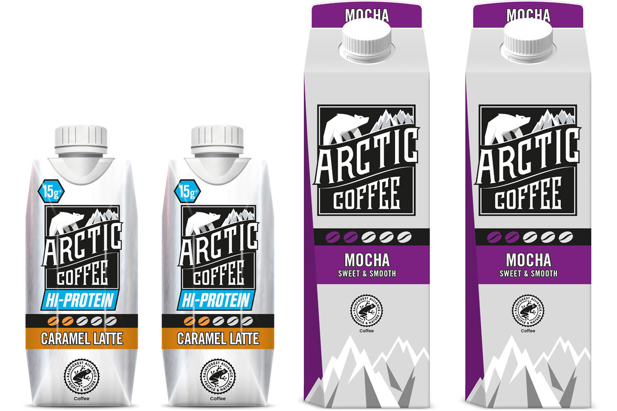 Arctic Coffe new products with Arctic Coffee Hi-Protein Caramel Latte to the left and Arctic Coffee Mocha to the right.