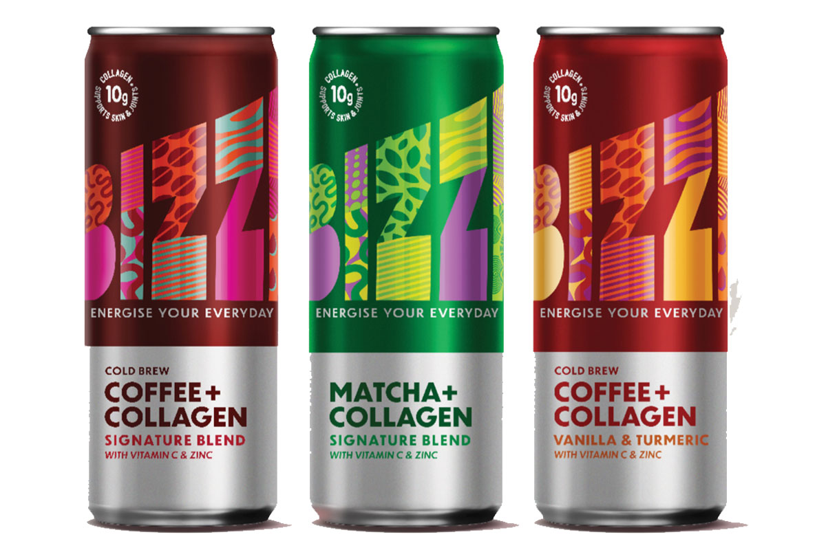 Pack shots of the new Bizzi Cold Brew & Collagen energy drinks.