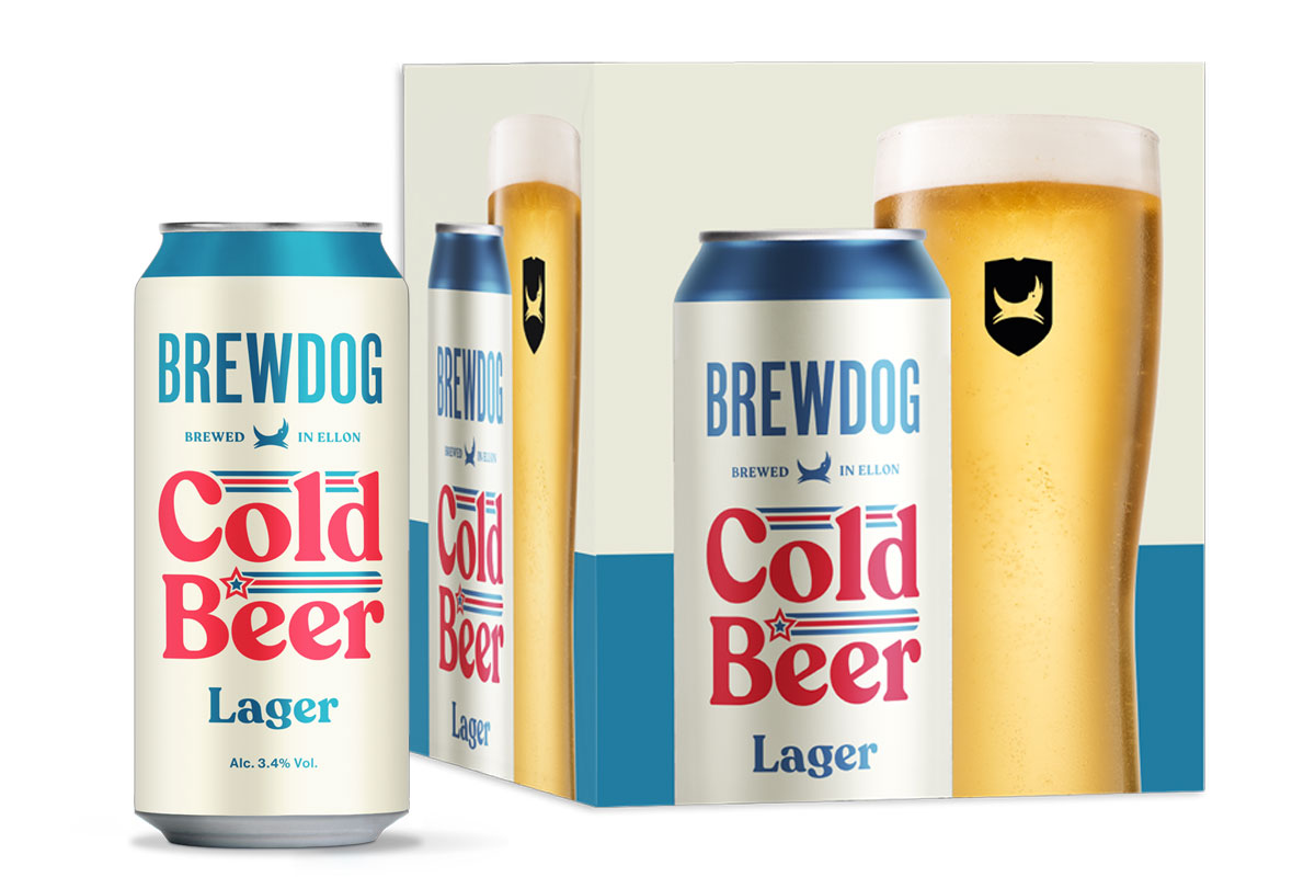 Pack shot of the new BrewDog Cold Beer including a four-pack format for the launch behind the can.
