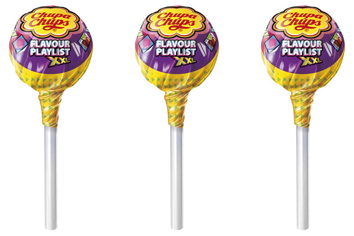 Pack shots of the new Chups Chups Flavour Playlist XXL from Perfetti Van Melle.