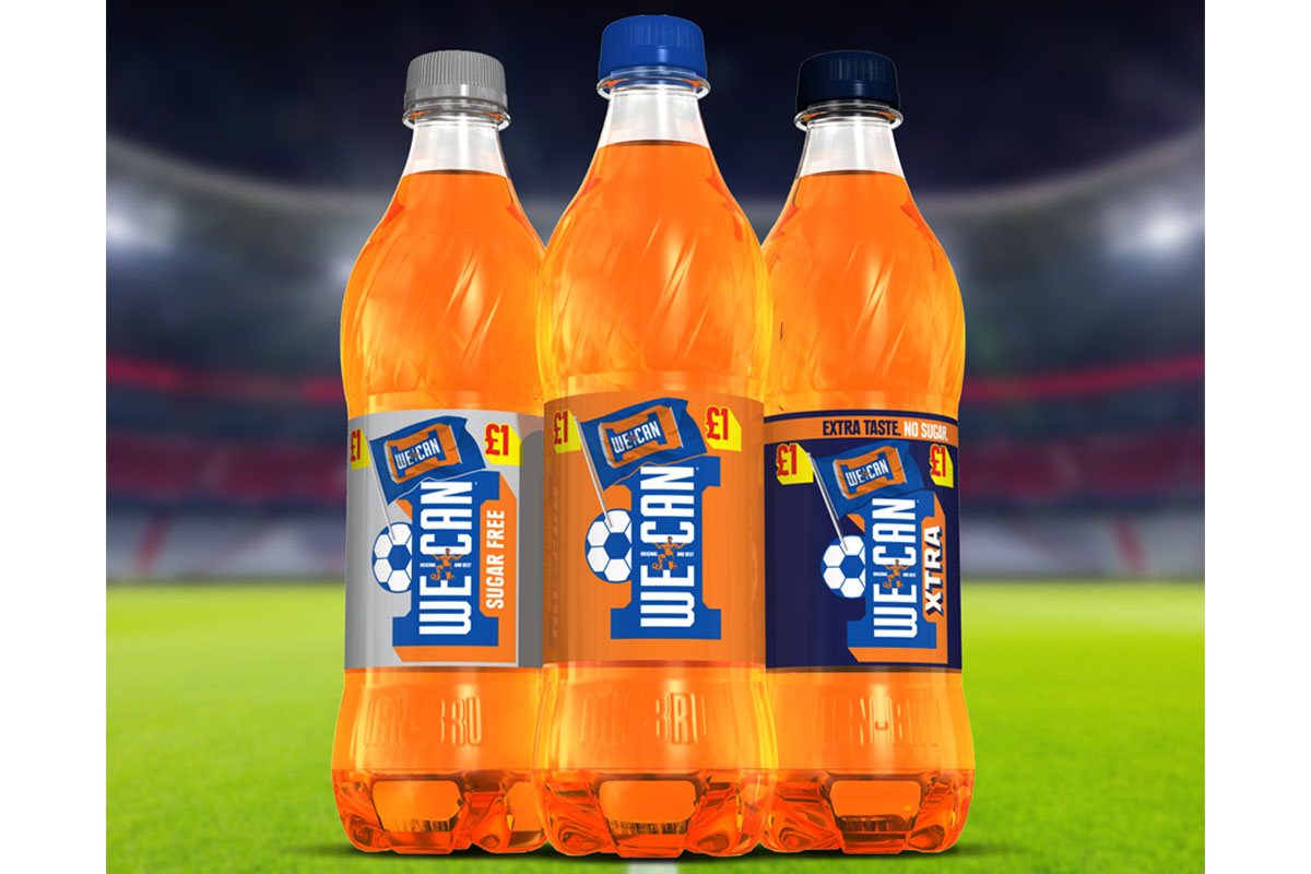 A promotional image featuring the new on-pack design of Irn-Bru bottles for the UEFA Euros football tournament featuring 500ml bottles of Irn-Bru, Irn-Bru Sugar Free and Irn-Bru XTRA.