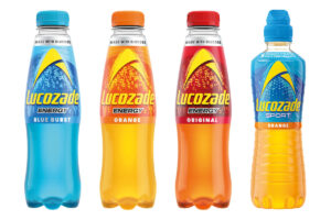 Pack shots of the new design across Lucozade Energy and Lucozade Sport bottles.