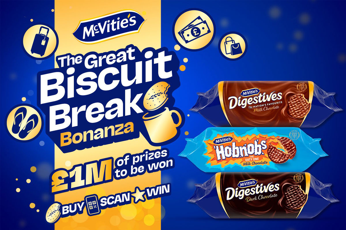 Advert for the McVitie's The Great Biscuit Break Bonanza with £1million of prizes to be won with a Buy,Scan, Win promotion. Packs of McVitie's biscuits sit to the side of the ad.