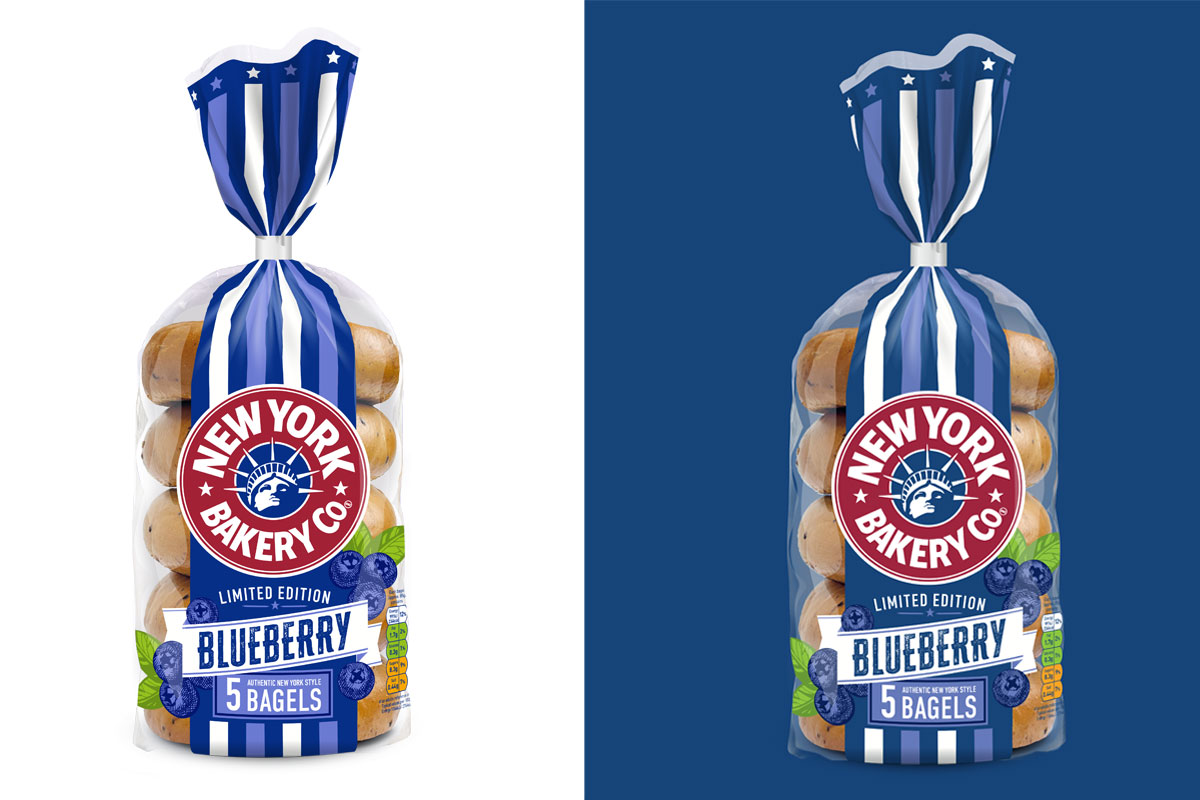 Packshot of the new New York Bakery Co Blueberry Bagel with one against a white background and the other against a blue background.