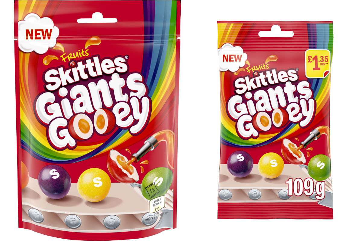 Pack shots of the new Skittles Giants Gooey.
