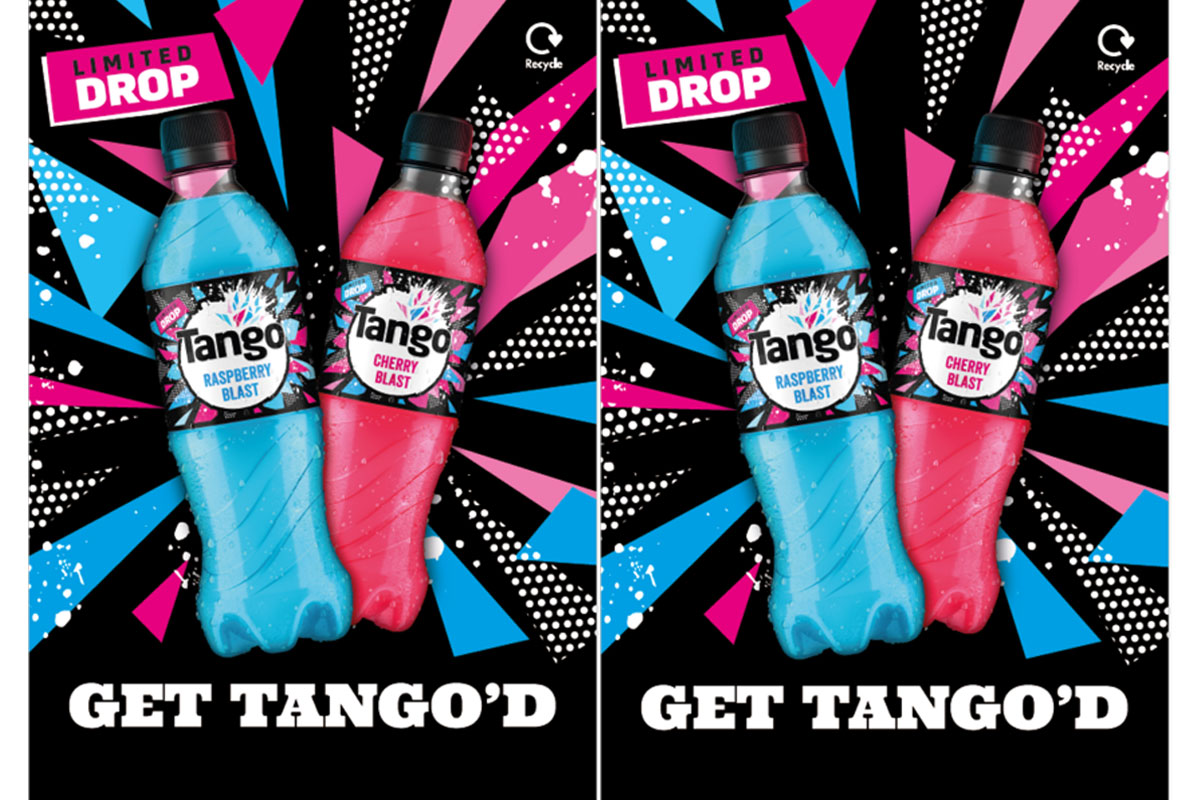Advert for the new Tango Raspberry Blast and Tango Cherry Blast bottles including pack shots of the new limited releases with the tagline reading: Get Tango'd