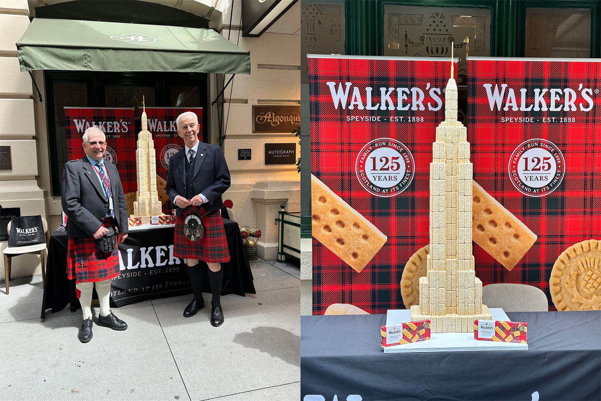 Left image: Two men stand in front of a Walker's Shortbread stall in highland dress for New York City's Tartan Week.Right image: Walker's Shortbread Empire State Building shortbread replica sits on a table with packs of Walker's Shortbread Fingers sitting in front of it.
