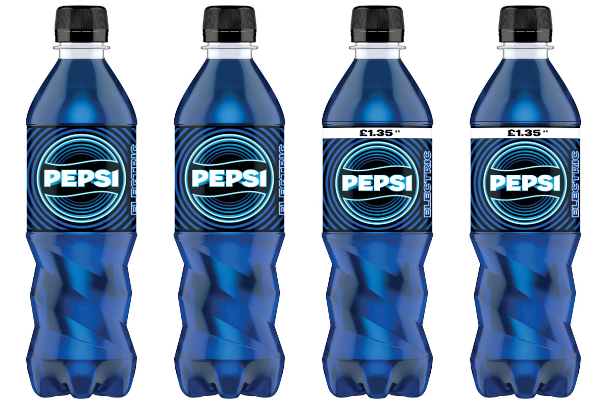 Product shots of the new blue Pepsi Electric cola, with a plain pack as well as price-marked.