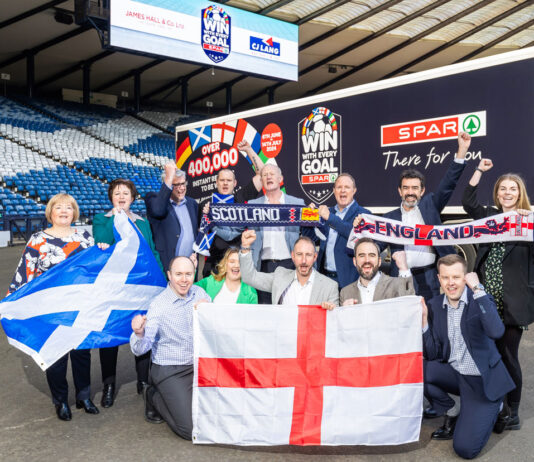 UEFA Euro 2024 build-up – CJ Lang & Son Ltd Former Scotland star Colin Hendry joined staff from CJ Lang and James Hall at Hampden to celebrate the WWEG campaign.
