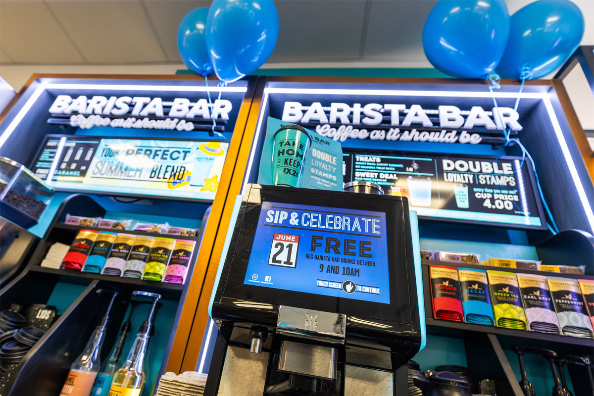 Spar Halbeath's Barista Bar section with balloons to help celebrate Spar's 20th instalment of the coffee bar across its company stores.
