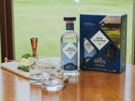 Ben Lomond Gin tees off at The Open Ben Lomond Open gin sits on a table with gin serves in glasses to the side with cocktail making tools.