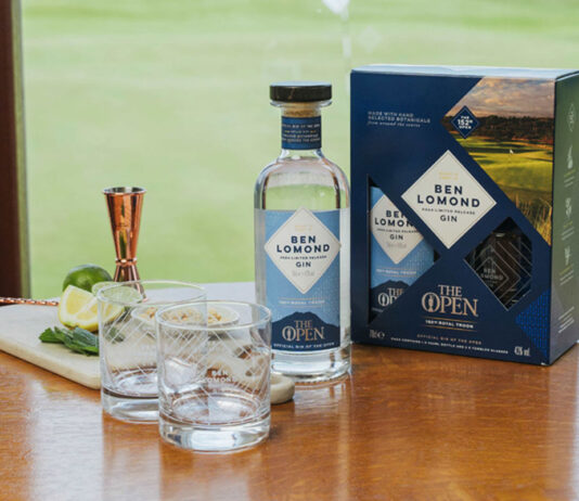 Ben Lomond Gin tees off at The Open Ben Lomond Open gin sits on a table with gin serves in glasses to the side with cocktail making tools.